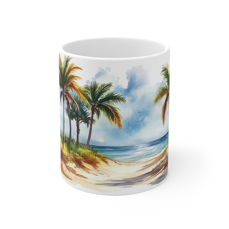 Taza con diseño de playa y palmeras - Apta para microondas, taza de café con motivo playero, asa ergonómica en forma de C, regalo ideal para amantes de la playa. imagen 1
