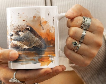 Ceramic mug with watercolor otter motif - 330ml/440ml