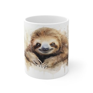 White Ceramic Mug - Sloth in Watercolor Style - Relaxed Animal Inspiration for Animal Lovers