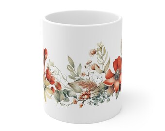 Gift mug printed with watercolor watercolors of plants, coffee mug with flowers