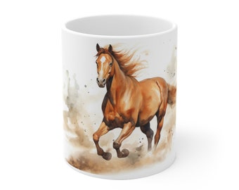 White mug with watercolor horse motif. Creative mug gift for horse lovers.