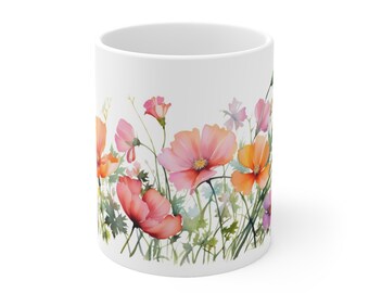 White ceramic mug - Poppies in watercolor style - Blooming nature inspiration for flower lovers