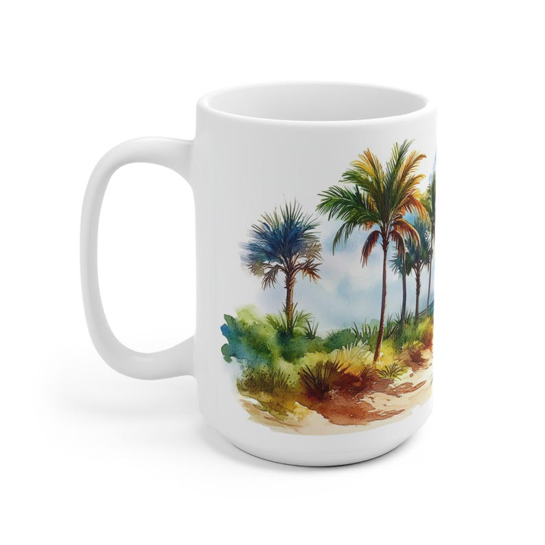 Taza con diseño de playa y palmeras - Apta para microondas, taza de café con motivo playero, asa ergonómica en forma de C, regalo ideal para amantes de la playa. imagen 6