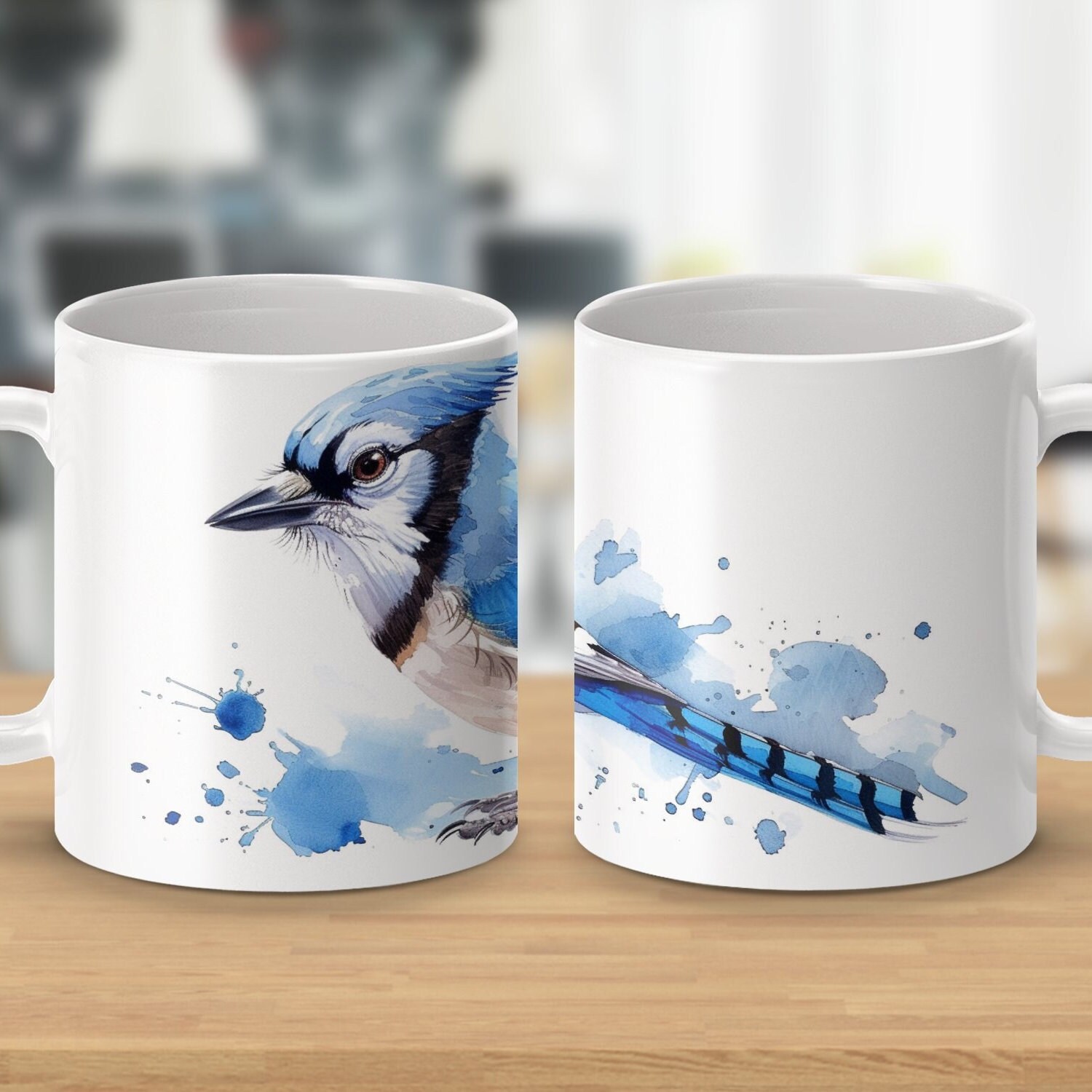 Mug Blanc Décoré Geai Bleu Aquarelle - Motif Oiseau Nord-américain - Neuf - Dimensions 4x4x4 Pouces
