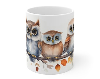 Child-friendly owl watercolor mug - Colorful owl design cup - Available in 330ml/440ml sizes for young nature lovers