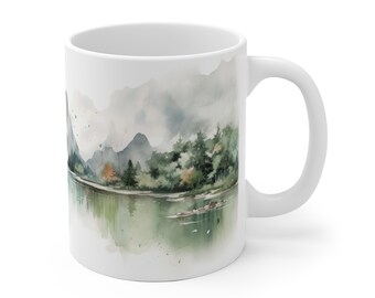 Gift mug printed with watercolor in watercolor, mountains, lake, landscape, coffee mug, Vietnam
