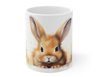 White coffee mug with watercolor rabbit mug motif. Creative mug gift for animal lovers