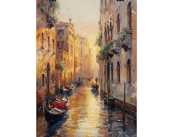 Romantic Venice - Watercolor art poster with gondolas, 4 sizes, matte/gloss