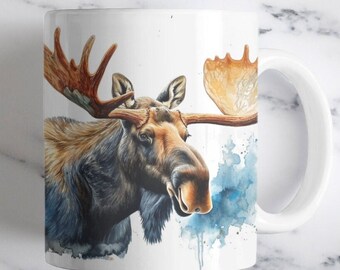 Watercolor Moose Mug - Ceramic, Microwaveable, 330ml/440ml, Majestic Design