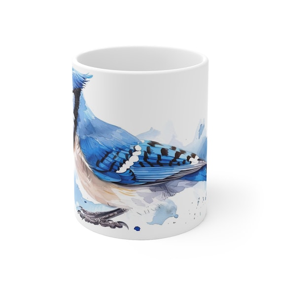 Mug Blanc Décoré Geai Bleu - Design Aquarelle Oiseau Nordique - Céramique - Neuf