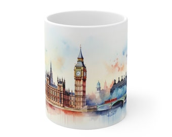White mug with watercolor Big Ben London England motif. Magical gift for travel lovers and travelers.
