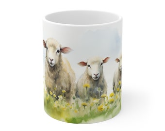 White Ceramic Mug - Sheep in Watercolor Style - Rural Animal Inspiration - Gift for Animal Lovers