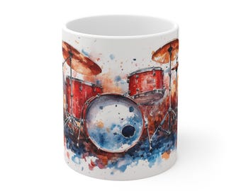 Ceramic mug with drum watercolor motif - 330 ml or 440 ml - Microwave and dishwasher safe