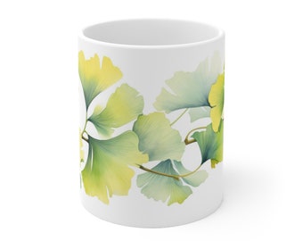 Taza con diseño de hoja de ginkgo en acuarela - Elegante taza con motivo de naturaleza - 330 ml/440 ml para amantes de la botánica y el diseño con estilo.