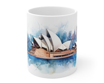 Witte mok met afbeelding van het Sydney Opera House in Australië. Een magisch cadeau voor reisliefhebbers en reizigers.