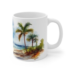 Taza con diseño de playa y palmeras - Apta para microondas, taza de café con motivo playero, asa ergonómica en forma de C, regalo ideal para amantes de la playa. imagen 3