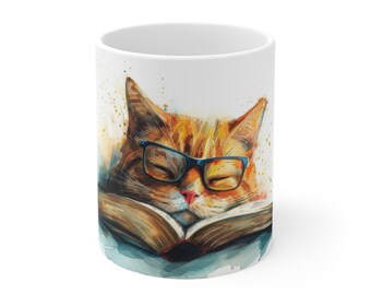 Schattige kat die leest en in slaap valt - mok met aquarelprint - Ontspannen huisdierdesign - 330 ml/440 ml, voor kattenliefhebbers en boekenwurmen