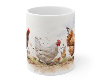 White ceramic mug - Chickens in watercolor style - Charming farm inspiration