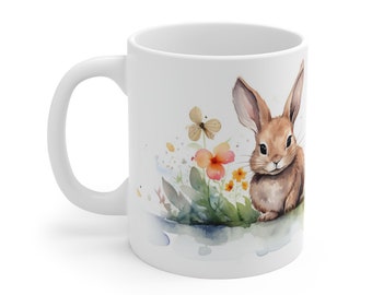 White mug with watercolor rabbit mug motif. Creative mug gift for animal lovers