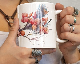 Pine branch with cones watercolor ceramic mug - 330ml/440ml