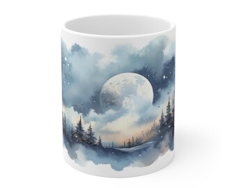 Gift mug printed with watercolor landscape, nature, night, moon, stars, coffee mug, trees