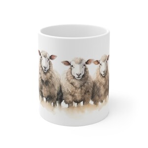 White ceramic mug - flock of sheep in watercolor style - idyllic animal inspiration