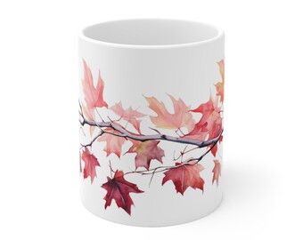 Mok met esdoorntakmotief - Keramische mok met aquarel esdoornmotief - Stijlvolle mok met natuurmotief voor gezellige herfstmomenten