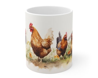 White ceramic mug - Chickens in watercolor style - Animal farm inspiration