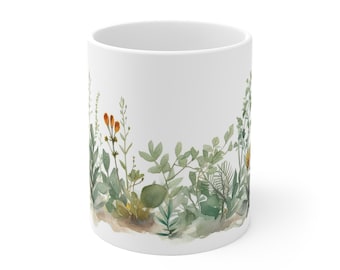 Watercolor Plant Mug, Gift for Colleague, Plant Motif Coffee Mug