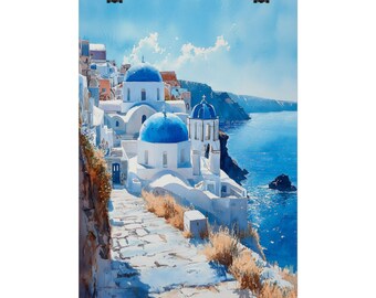 Santorini at midday sun - watercolor art poster, 4 sizes, matte/gloss