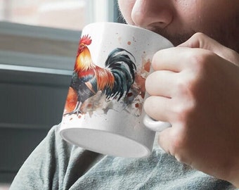 Watercolor Rooster Mug - Ceramic, Microwave Safe, 330ml/440ml, Proud Design