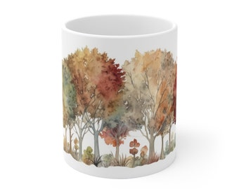 Witte keramische mok - Herfstbladeren in aquarelstijl - Natuurlijke kleurenpracht