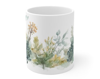Plants Mug Watercolor, Gift for Women, Plant Motif Coffee Mug