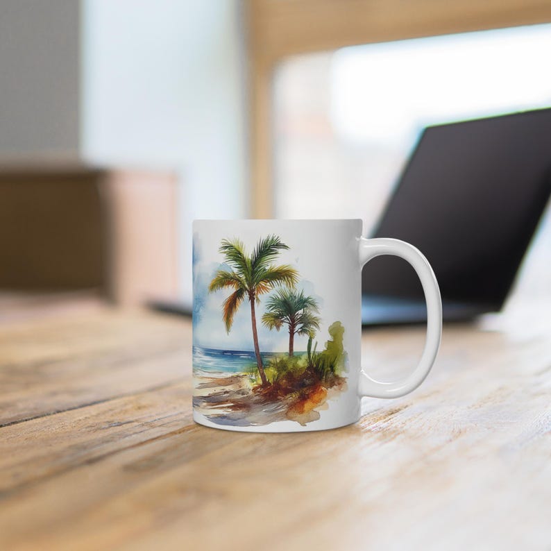 Taza con diseño de playa y palmeras - Apta para microondas, taza de café con motivo playero, asa ergonómica en forma de C, regalo ideal para amantes de la playa. imagen 7