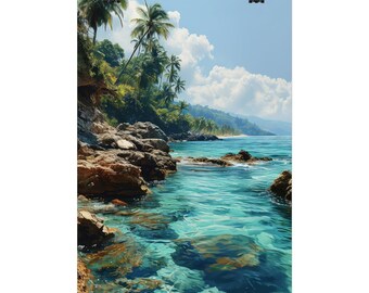 Tropical Beach Poster Watercolor, Gift for Him, Tropical Beach Motif Art Print