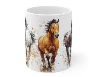 White ceramic mugs with a watercolor horse motif - Two sizes (330 ml & 440 ml) - Microwave and dishwasher safe