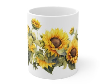 Taza con diseño de girasol en acuarela: una taza con un vibrante diseño floral. Disponible en tamaños de 330 ml y 440 ml para amantes de las flores y del sol.
