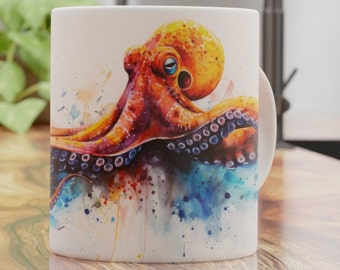 Mok met aquarelprint van een octopus - Beker met onderwaterwerelddesign - 330 ml/440 ml, voor mariene biologen en oceaanliefhebbers
