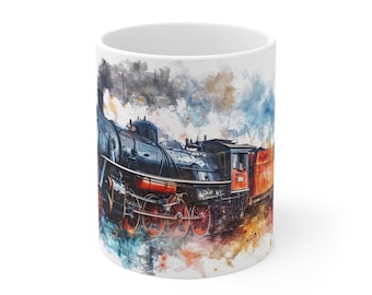 Steam Locomotive Watercolor Mug - Historical Train Motif Design Cup - 330ml/440ml for Railway Lovers and History Fans