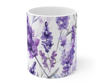 Lavender Watercolor Mug - Relaxing Flower Mug - Selectable Sizes 330ml/440ml Ceramic Cup for Tea Enjoyment & Decoration