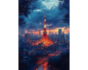 Magical Night in Tokyo - Watercolor Landscape Poster with Tokyo Tower