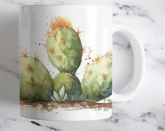 Mok met aquarel cactusmotief - Keramiek, geschikt voor de magnetron, 330 ml/440 ml, ontwerp geïnspireerd op de natuur.