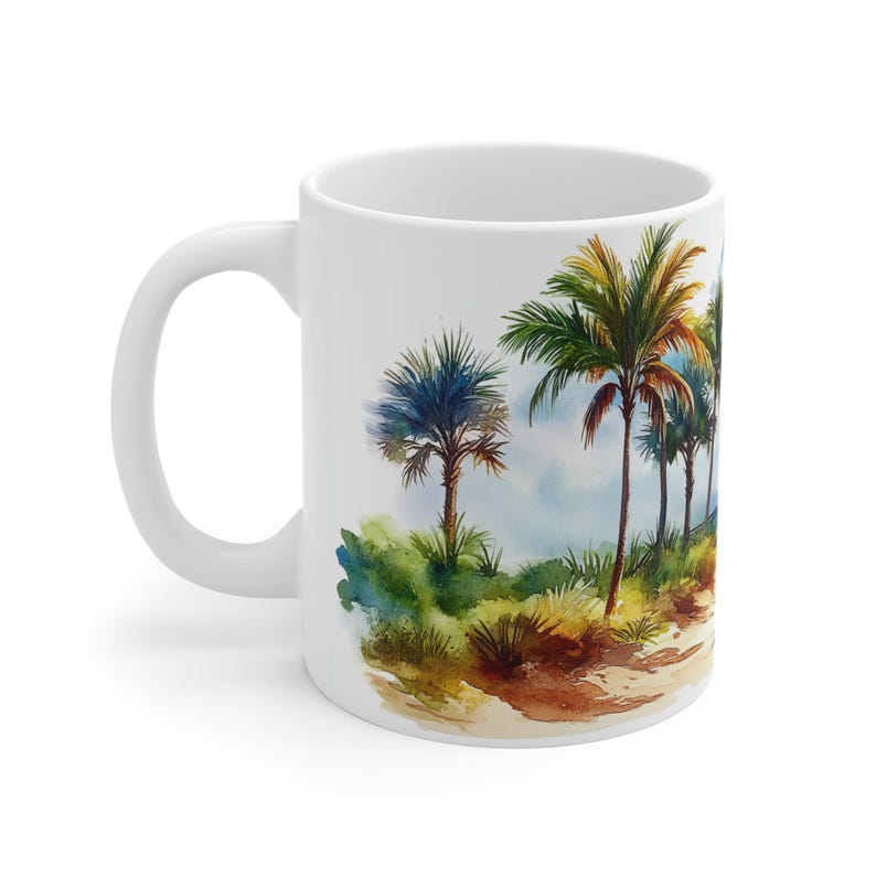 Taza con diseño de playa y palmeras - Apta para microondas, taza de café con motivo playero, asa ergonómica en forma de C, regalo ideal para amantes de la playa. imagen 5