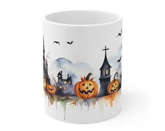 Halloween magic: White ceramic mug in watercolor style