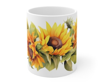 Mok met zonnebloemmotief in aquarelprint - Een mok met een levendig bloemenmotief - Verkrijgbaar in 330 ml en 440 ml voor bloemenliefhebbers en natuurliefhebbers.