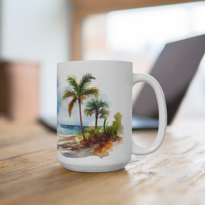 Taza con diseño de playa y palmeras - Apta para microondas, taza de café con motivo playero, asa ergonómica en forma de C, regalo ideal para amantes de la playa. imagen 8
