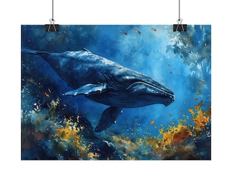 Blue Whale Underwater Watercolor Poster - Oceanic Majesty, 4 Sizes, Matt/Gloss