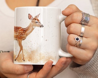 Watercolor Fawn Mug - Ceramic, Microwaveable, 330ml/440ml, Enchanting Design