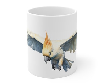 White mug with watercolor cockatoo design. Creative mug gift for bird lovers.