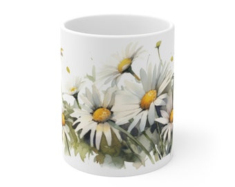 Daisy watercolor cup - floral design cup - selectable sizes 330ml/440ml for nature lovers and flower lovers